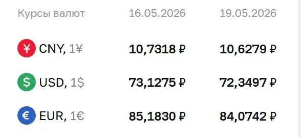 По официальному курсу Центробанка на 19 мая доллар опустился до 72,35 руб. (−0,78), евро — до 84,07 руб. (−1,11), юань — до 10,63 руб. (−0,10).