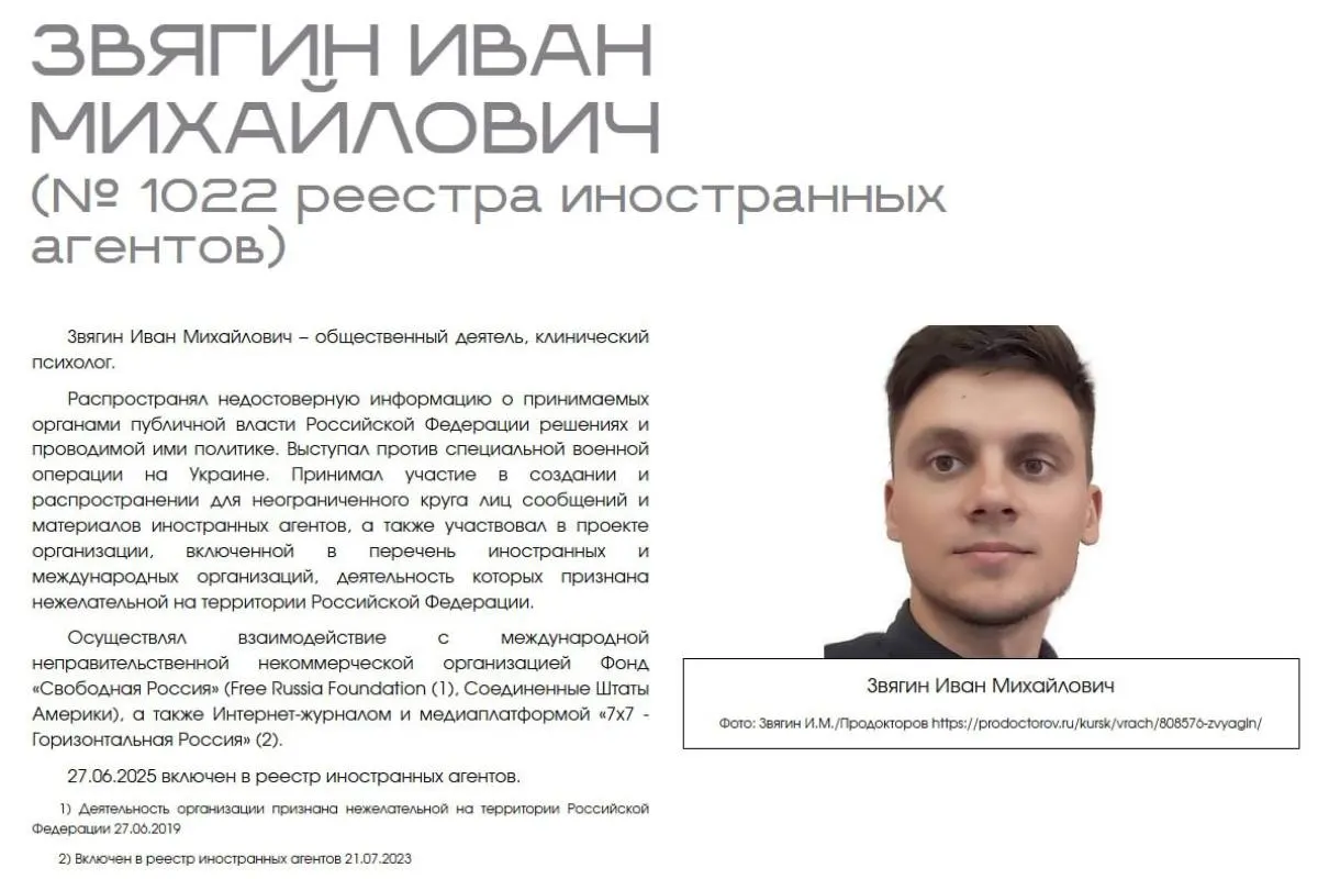 Иван Звягин оспаривает размещение о нём информации в разделе Минюста, называя это профессиональной дискриминацией, нарушением прав и нецелевой обработкой данных.