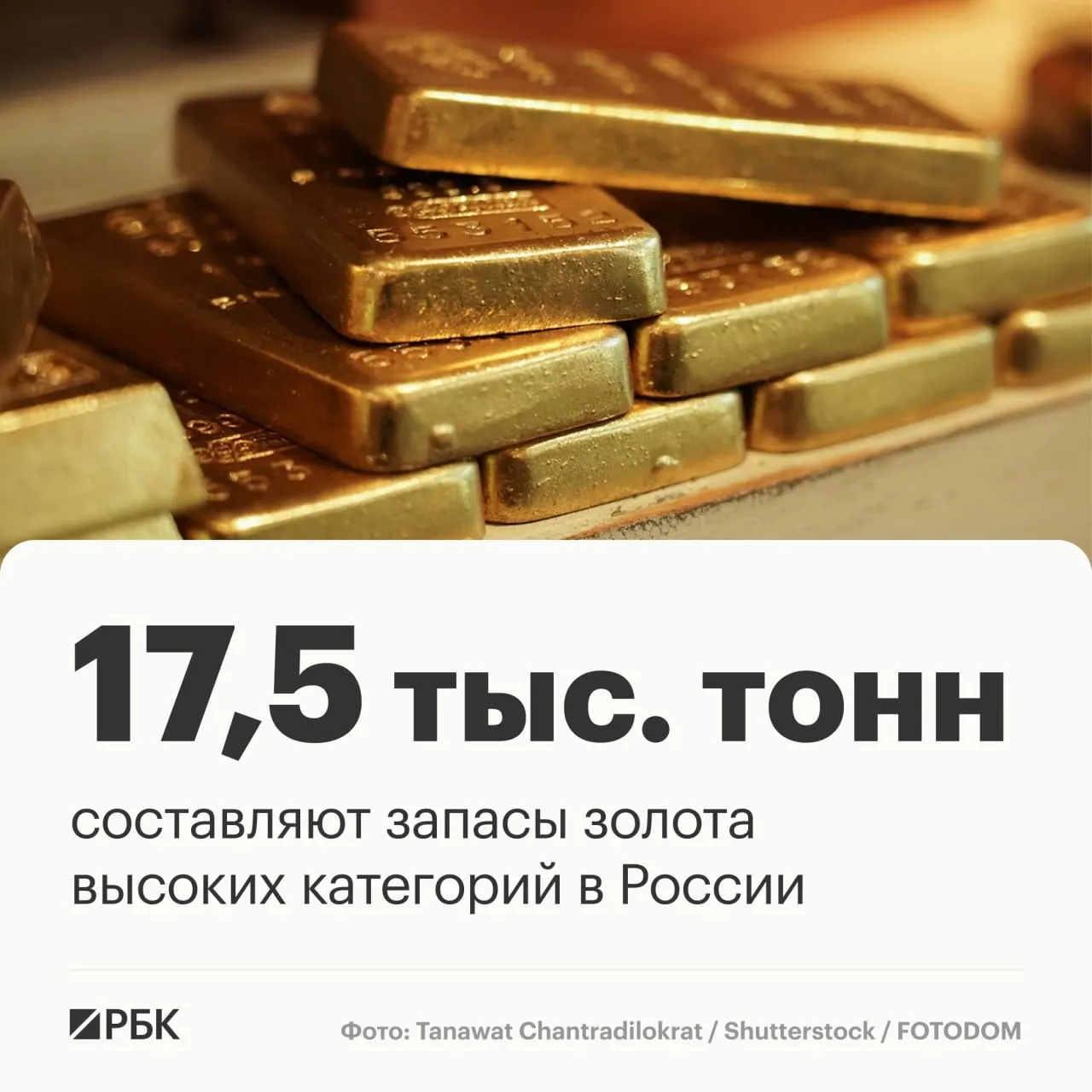 Запасы золота высокого качества оцениваются в 17,5 тыс. тонн и, при нынешнем темпе добычи, обеспечат лидерство примерно на 30 лет. Россия занимает третье место в мире по запасам и второе — по добыче.