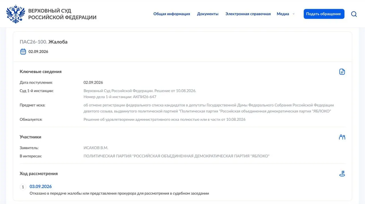 ВС отказался передать жалобу на рассмотрение в Президиум суда; партия намерена обратиться в Конституционный суд России.